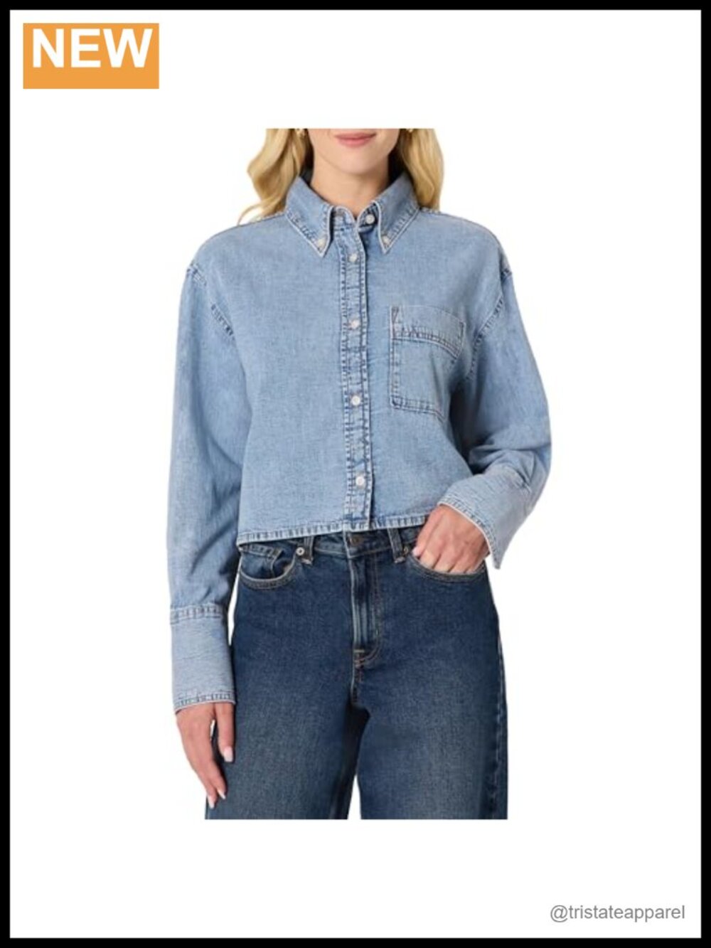Oversized Cropped Denim Button-Down Shirt Women Long Sleeve Point Collar